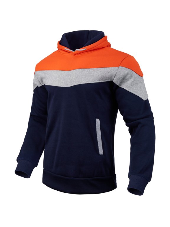 Mens Color Block Hoodie Long Sleeve Sweatshirts Contrast Chest Panels Front Pockets Banded Hem Pullover Top Orange XXL
