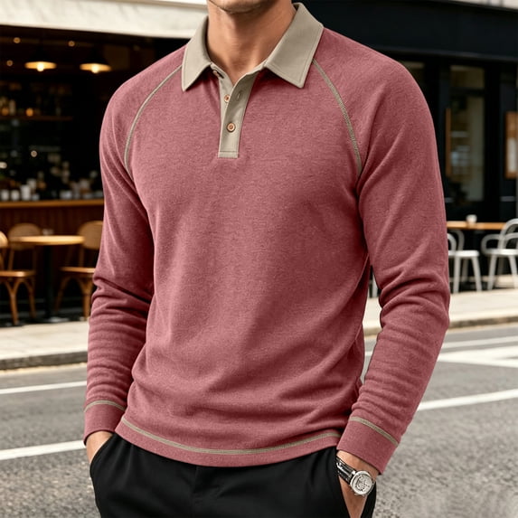 Mens Color Block Lapel Henley Shirt Raglan Sleeve Contrast Collar Long Sleeve Casual Pullover Top
