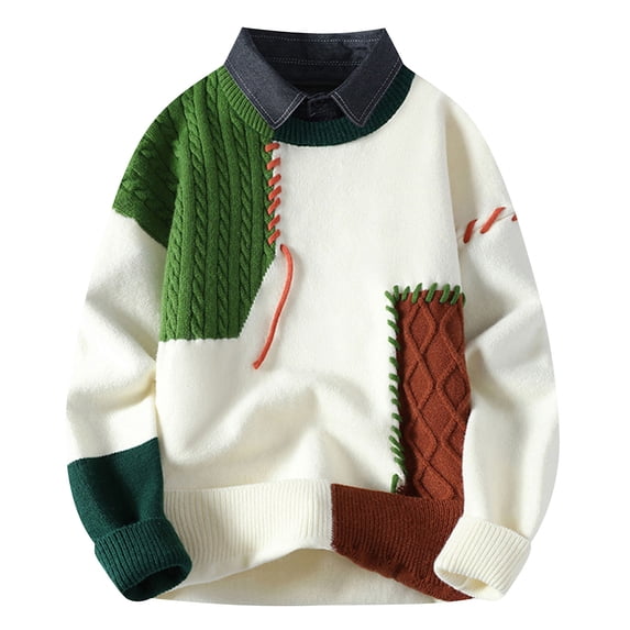 Mens Color Block Patchwork Winter Crewneck Loose Long Sleeve Sweater Oversized Jumper Cable Knit Pullover