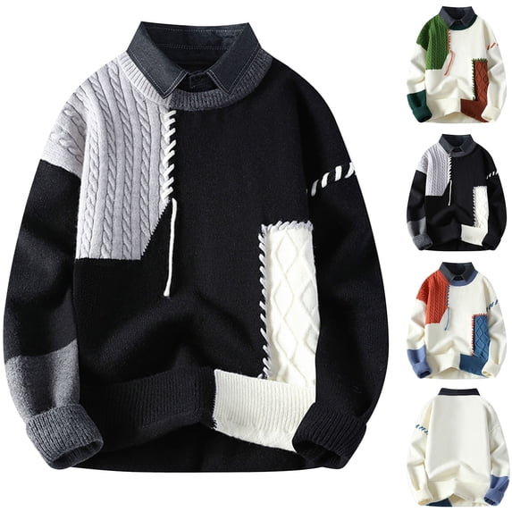 Mens Color Block Patchwork Winter Crewneck Loose Long Sleeve Sweater Oversized Jumper Cable Knit Pullover