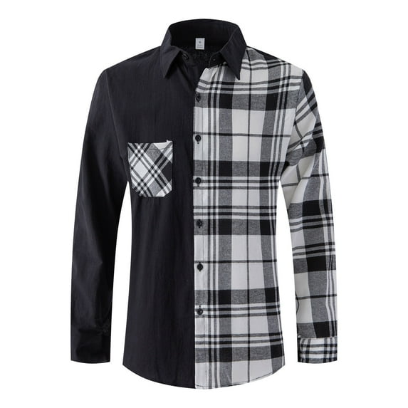 Mens Color Block Plaid Shirt Patchwork Flannel Plaid Shirts Button Down Long Sleeve Casual Shirts White L