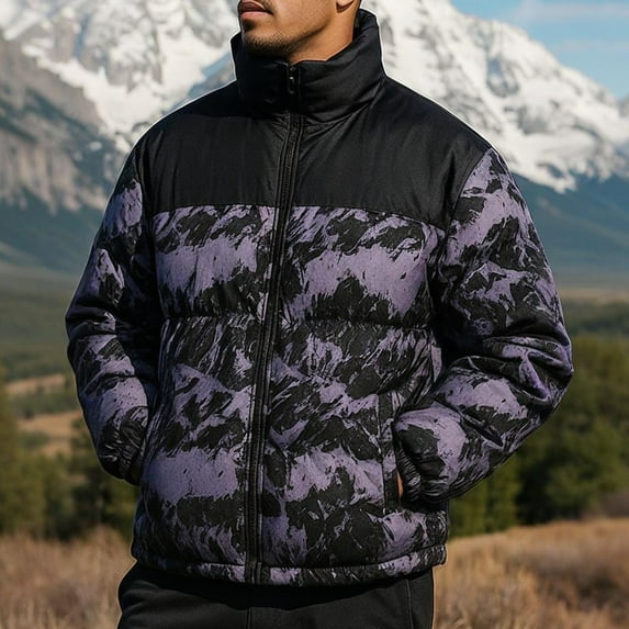 Mens Color Block Puffer Jacket Stand Collar Zip Up Coats Lightweight Modern Design Warm Winter Jackets for Men Casual Outerwear,Gray,L