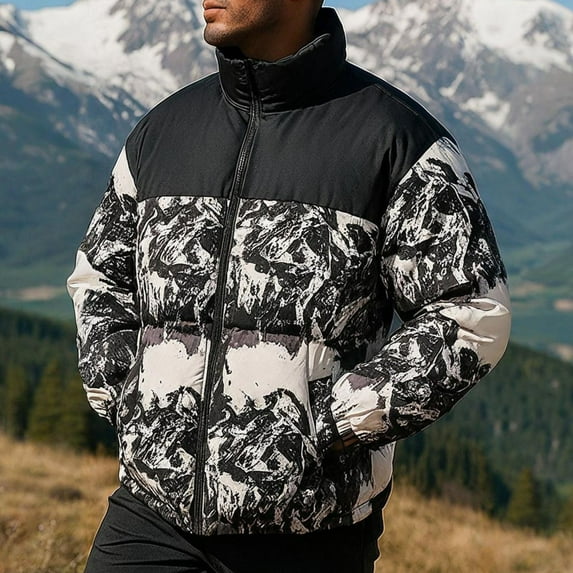 Mens Color Block Puffer Jacket Stand Collar Zip Up Coats Lightweight Modern Design Warm Winter Jackets for Men Casual Outerwear,White,L