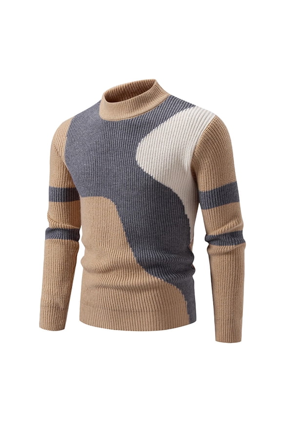 Mens Color Block Pullover Sweater 2025 Stand Collar Oversized Knit Long Sleeve Casual Slim Fit Fall Winter Fashion Knitwear Modern Textured Streetwear Top