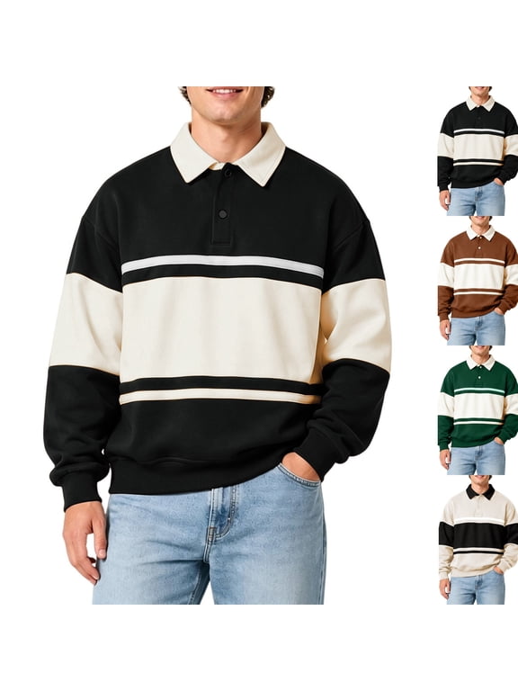 Mens Color Block Rugby Polo Shirt Striped Long Sleeve Pullover Loose Fit Preppy Style Top Trendy Casual Golf Shirt for Fall Winter Daily Wear,XXL,Black