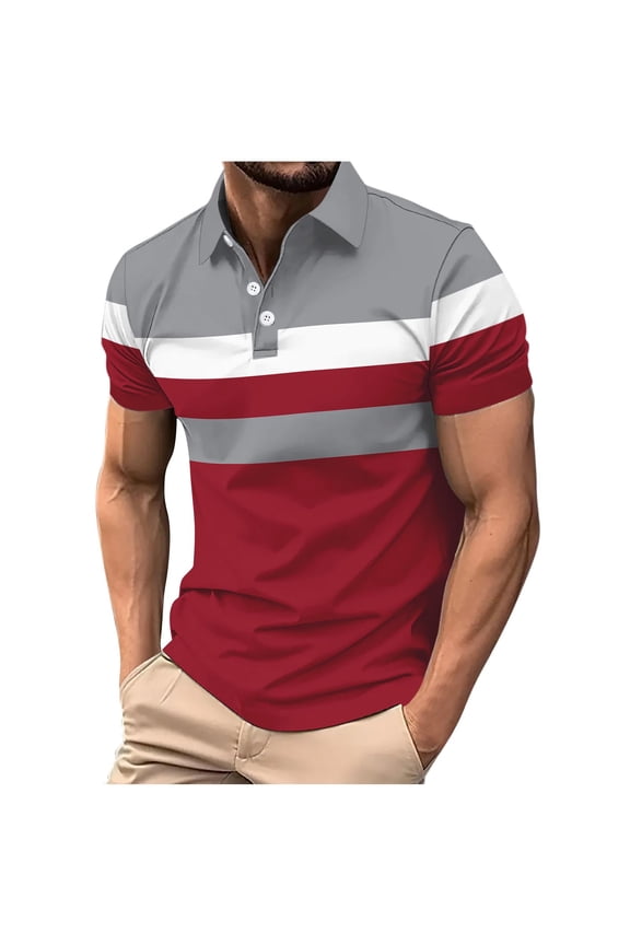 Mens Color Block Striped Short Sleeve Performance Golf Shirts Quick Dry Moisture Wicking Mesh 3 Button Collared Tennis Tops, Business Casual Fathers Day Gift