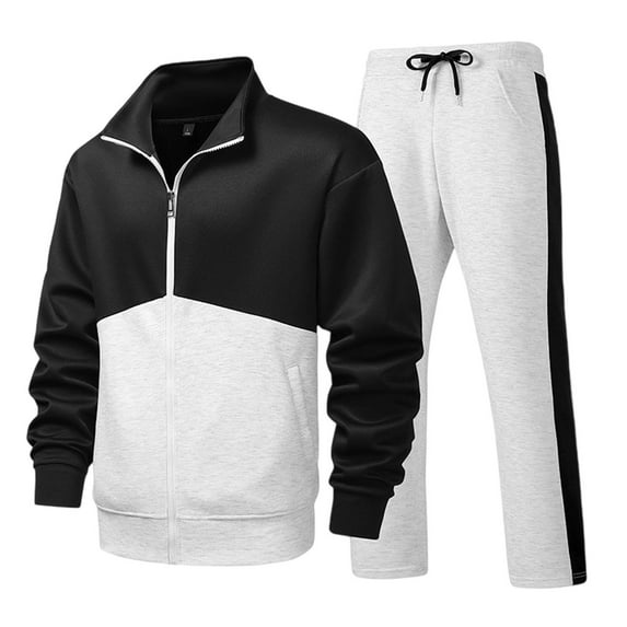 Mens Color Block Sweatsuits Two Piece Sets Quarter Zip Lapel Long Sleeve Pullover Sweater Blouses Baggy Stretchy Wide Leg Sweatpant Drawstring Elastic Waist Athletic Track Pants 2 Pacs Sets