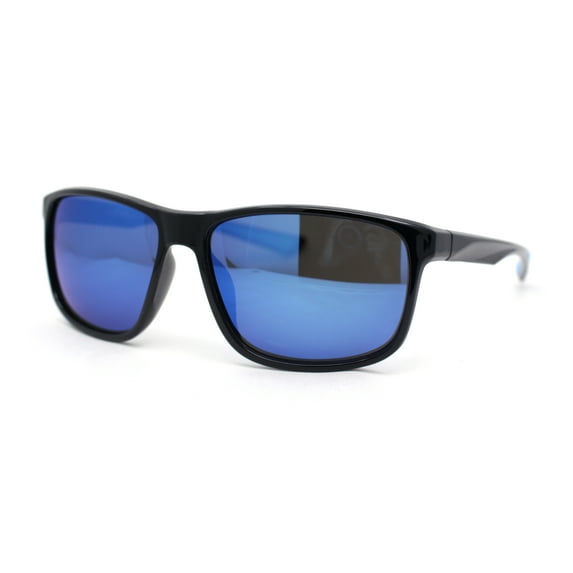 Mens Color Mirror 90s Classic Rectangle Sport Plastic Aerodynamic Sunglasses Black - Blue Mirror