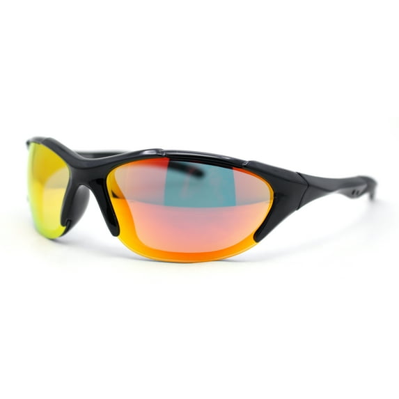 Mens Color Mirror 90s Styling Oval Roung Sport Rimless Plastic Wrap Sunglasses Black - Red Orange Mirror