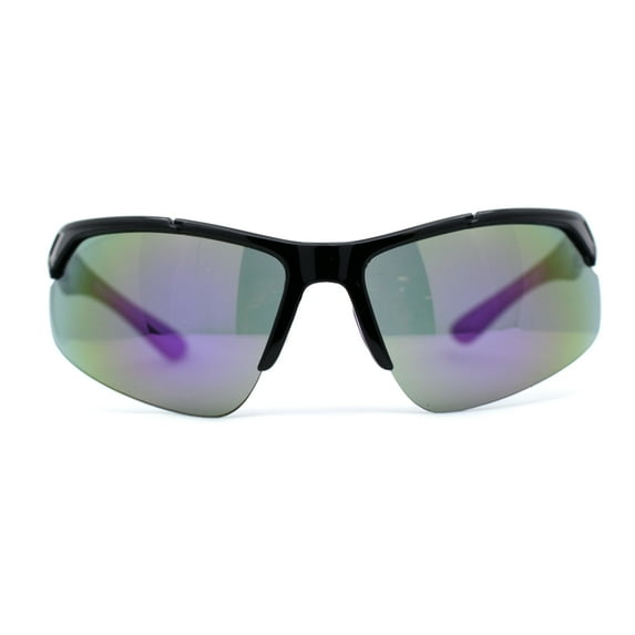 Mens Color Mirror Baseball Half Rim Wrap Plastic Sport Sunglasses Black Purple Mirror
