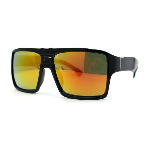 Mens Color Mirror Flat Top Mobster Rectangle Racer Sunglasses Shiny Black Orange Mirror