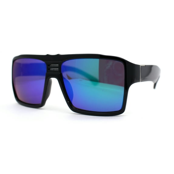 Mens Color Mirror Flat Top Mobster Rectangle Racer Sunglasses Shiny Black Teal Mirror