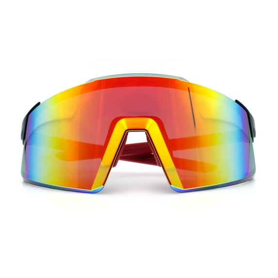 Mens Color Mirror Oversized Shield Sport MTB Style Plastic Sunglasses Black Red - Orange Mirror