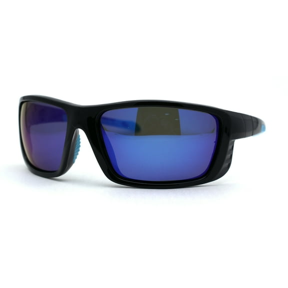 Mens Color Mirror Polarized Lens Warp Plastic Biker Sunglasses Black Blue Mirror