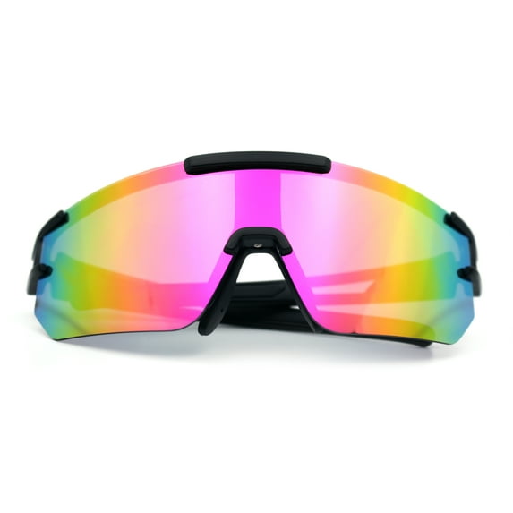 Mens Color Mirror Polarized Plastic Sport Wrap MTB Plastic Sunglasses Black - Fuchsia Mirror
