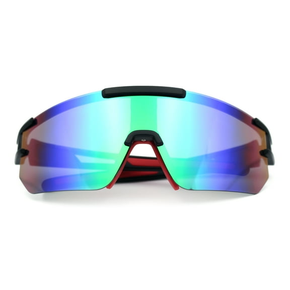 Mens Color Mirror Polarized Plastic Sport Wrap MTB Plastic Sunglasses Black Red - Green Mirror