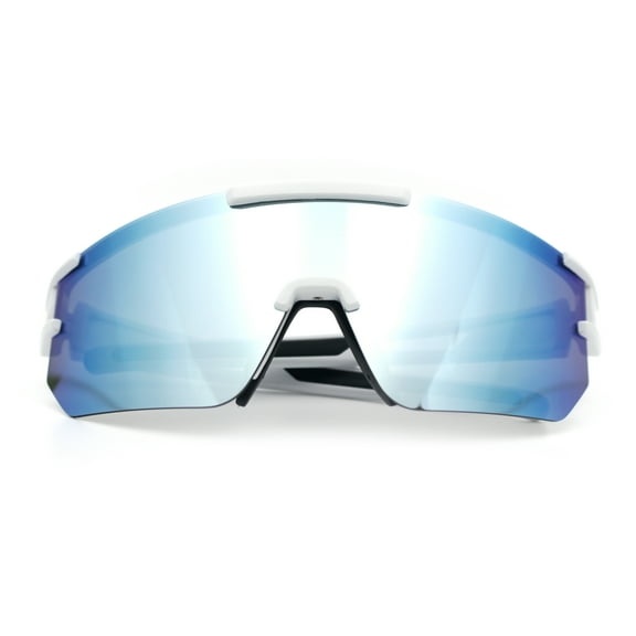 Mens Color Mirror Polarized Plastic Sport Wrap MTB Plastic Sunglasses White - Blue Mirror