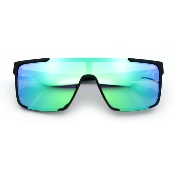 Mens Color Mirror Rimless Shield Plastic Horn Rim Luxury Sport Sunglasses Black Blue - Green Mirror