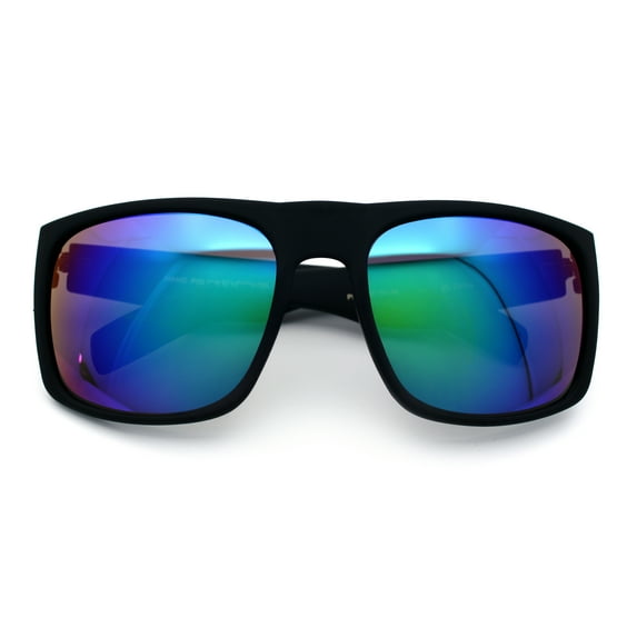 Mens Color Mirror Soft Matte Flat Top Sport Horn Rim Rectangle Sunglasses Matte Black - Green Mirror