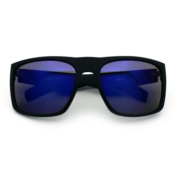 Mens Color Mirror Soft Matte Flat Top Sport Horn Rim Rectangle Sunglasses Matte Black - Purple Blue Mirror