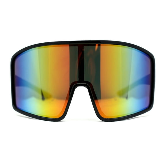 Mens Color Mirror Super Oversized Wrap Rectangle Plastic Sport Sunglasses Black Rainbow Mirror