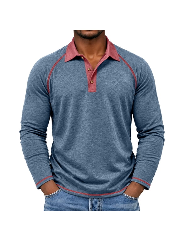 Mens Color Splicing Long Sleeve Polo Shirt Contrast Collar Raglan Sleeve 3 Button Placket Relaxed Fit Casual Tops for Men Everyday Outdoor Wear Blue 3XL