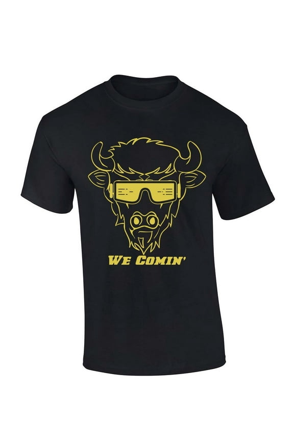 Mens Colorado Sunglasses Buffalo We Comin Team Color Buffaloes Football Short Sleeve T-shirt Graphic Tee-Black-large