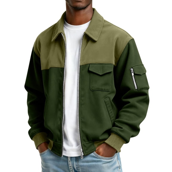 Mens Colorblock Jacket Zip Up Flight Lightweight Jackets Casual Stylish Fall Winter Coats with Pockets Dark Green 3XL