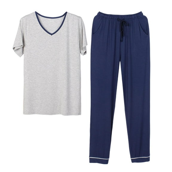 Mens Colorblock Pajamas Set Modal Cotton Short Sleeve and Pants 2 Piece PJ Set Soft Comfy Loungewear V Neck Nightwear Set