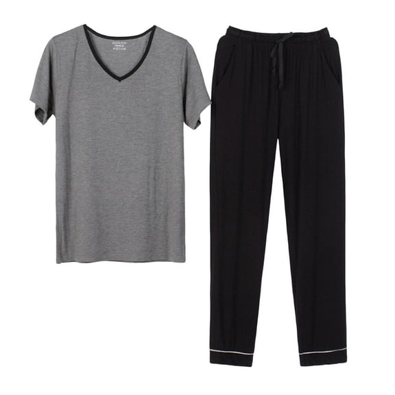 Mens Colorblock Pajamas Set Modal Cotton Short Sleeve and Pants 2 Piece PJ Set Soft Comfy Loungewear V Neck Nightwear Set