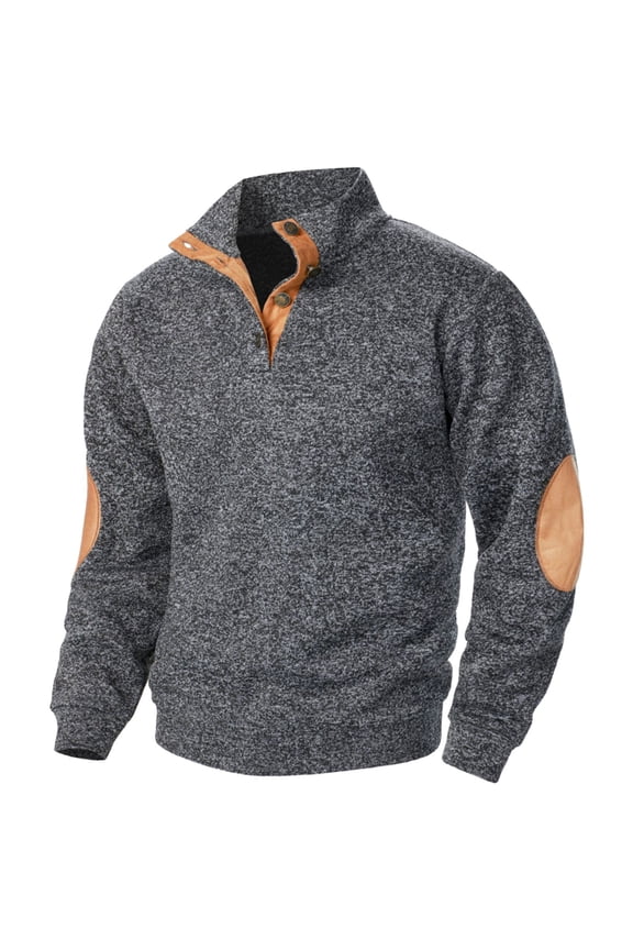 Mens Colorblock Sweatshirt Button Henley Neck Pullover Casual Long Sleeve Stand Collar Shirt with Elbow Patches