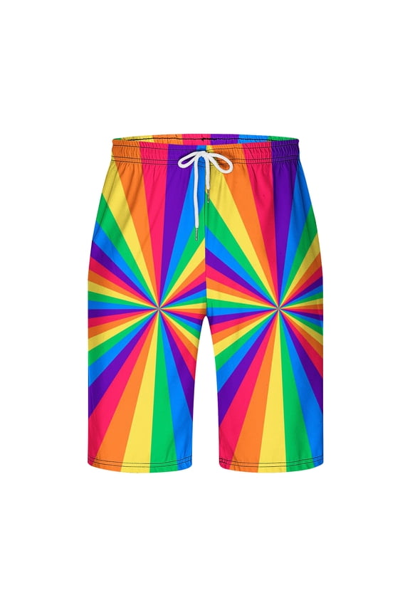Mens Colorful Radial Print Shorts, Bold Rainbow Patterns, Quick - Dry, Summer Beach Parties & Vacations
