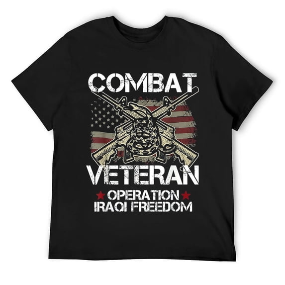 Mens Combat Veteran Iraqi Freedom Military USA American Flag Gift T-Shirt Black Small