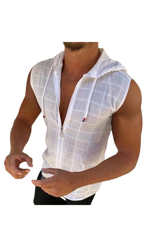 Mens Comfortable Zip Up Hoodie Sleeveless Lightweight Cotton Zipper Casual Fashion Tank Tops Fitness Casual Subtle Grid Vest