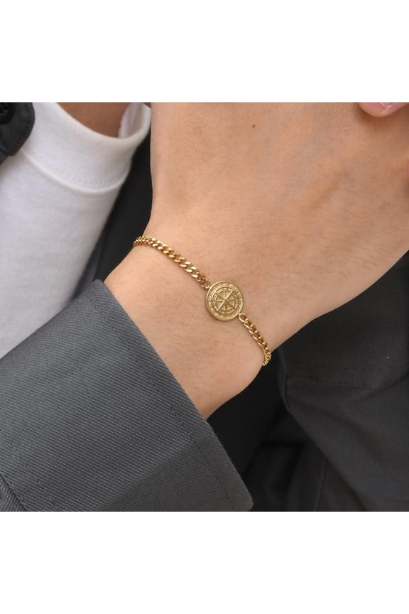 Mens Compass Bracelets, Coin Charm 14K Yellow Gold Bracelets , Guid Gift for High School College Graduation