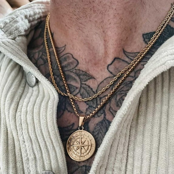 Mens Compass Necklaces,Vintage Viking North Star Anchor Medal,14K Yellow Gold Pendant for Male Boyfriend Dad Gift