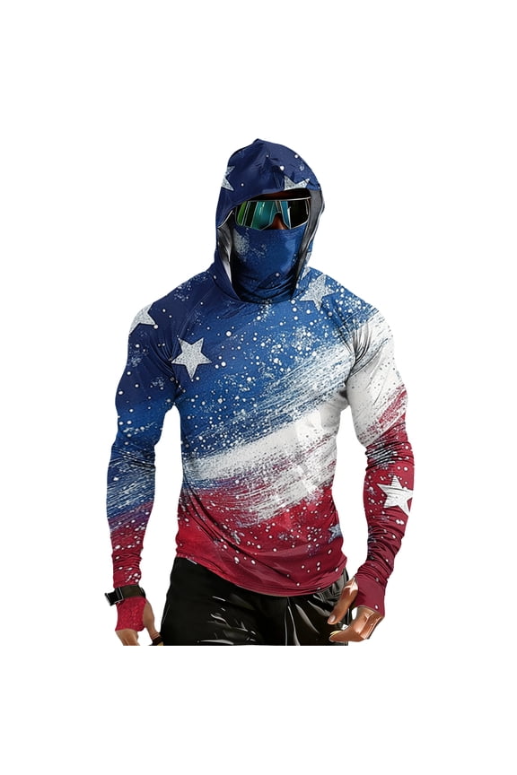 Mens Compression Hooded Sun Shirts UV Sunscreen Long Sleeve Fishing Face Mask USA Flag Star Stripes 4th of July American Patriotic Tops