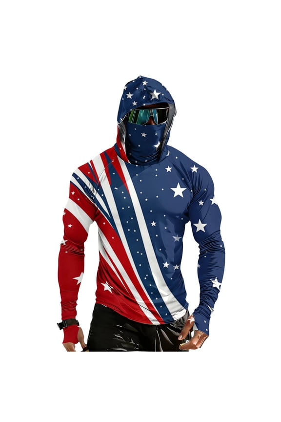 Mens Compression Hooded Sun Shirts UV Sunscreen Long Sleeve Fishing Face Mask USA Flag Star Stripes 4th of July American Patriotic Tops