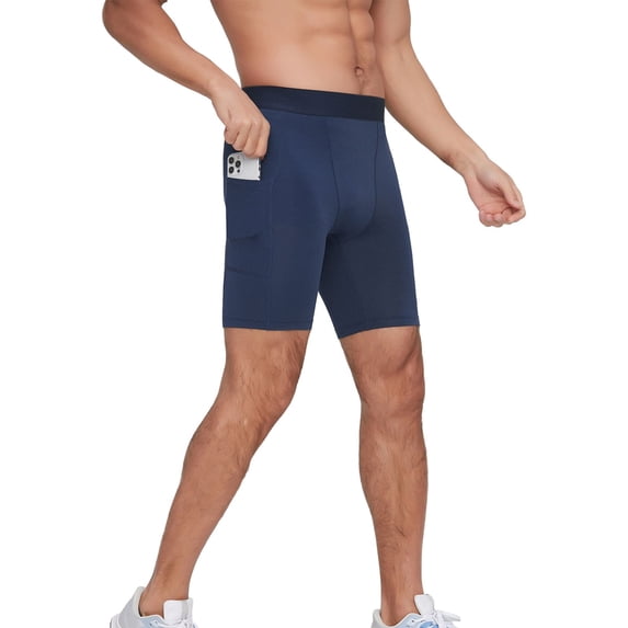 Mens Compression Running Shorts with Pocket, Athletic Gym Shorts Cool Dry Workout Underwear, Athletic Cool Dry Compression Shorts, Sports Performance Active Running Tights, Navy L
