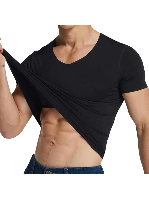 Mens Compression Shirt Qiggri Men's Solid Color V-Neck Short-Sleeved Pullover T-Shirt Fitness and Outdoor Seamless Stretch Tight Top Mens Shirts Casual Stylish