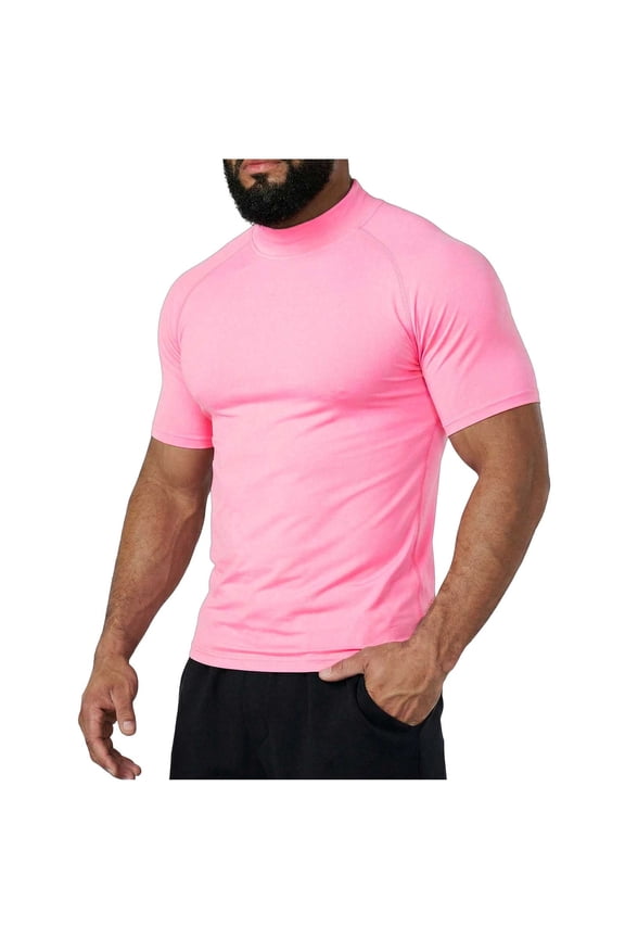 Mens Compression Shirt Short Sleeve Mock Neck Athletic T Shirt Slim Fit Workout Quick Dry Running Gym Base Layer Top Pink S