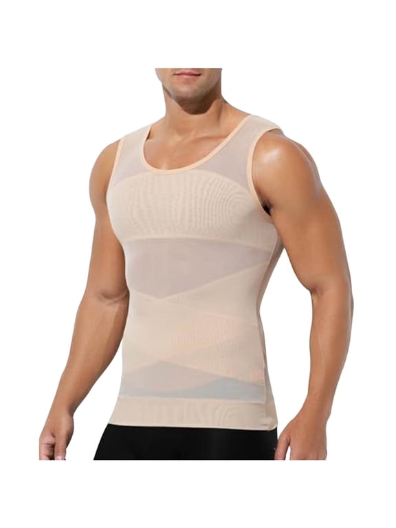 Mens Compression Shirt Slimming Body Shaper Vest Sleeveless Undershirt Mesh Tank Top Tummy Control Shapewear for Men Big and Tall Size M-4XL Beige