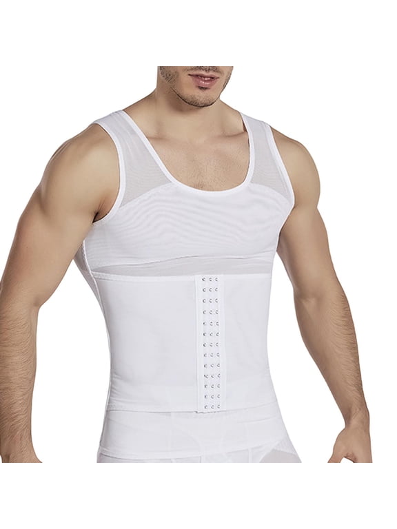 Mens Compression Shirt Tummy Control Shapewear Waist Trainer, Body Shaper Undershirt, Slimming Tank Top, Mesh Breathable, Man Belly & Back Support Tight Vest