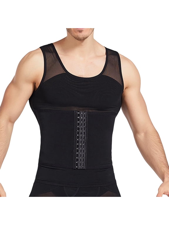 Mens Compression Shirt Tummy Control Shapewear Waist Trainer, Body Shaper Undershirt, Slimming Tank Top, Mesh Breathable, Man Belly & Back Support Tight Vest