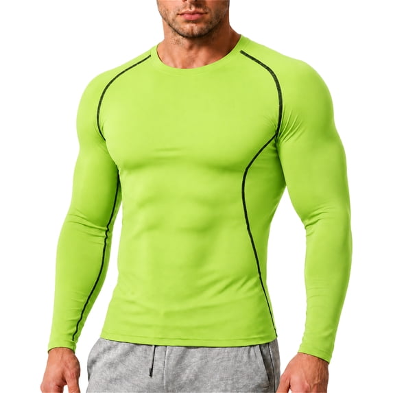 Mens Compression Shirts Raglan Long Sleeve Slim Fit Crew Neck Tops Workout Athletic Quick Dry Base Layer Gym Tees Fluorescent Green XL