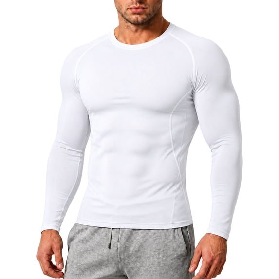 Mens Compression Shirts Raglan Long Sleeve Slim Fit Crew Neck Tops Workout Athletic Quick Dry Base Layer Gym Tees White S