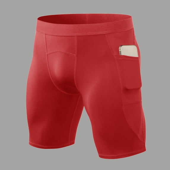 Mens Compression Shorts Running Spandex Underwear with Pockets Workout Gym Athletic Sports Tight Shorts(Red,XXL)