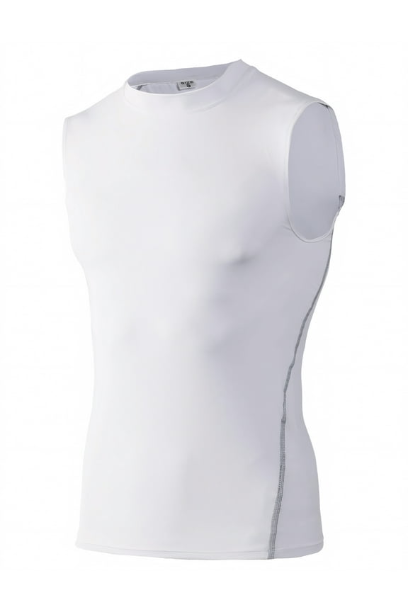 Mens Compression Sleeveless Base Layer, Athletic Workout T-Shirt-White-L