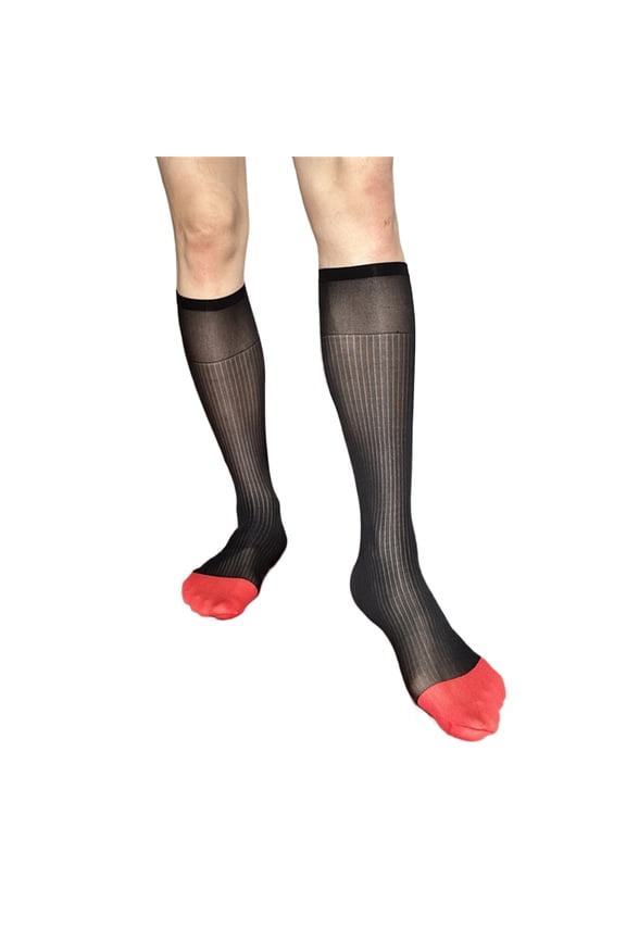 Mens Contrast Striped Sheer Dress Suit Socks High Stretch Comfortable Breathable Nylon Over the Calf Socks for Business