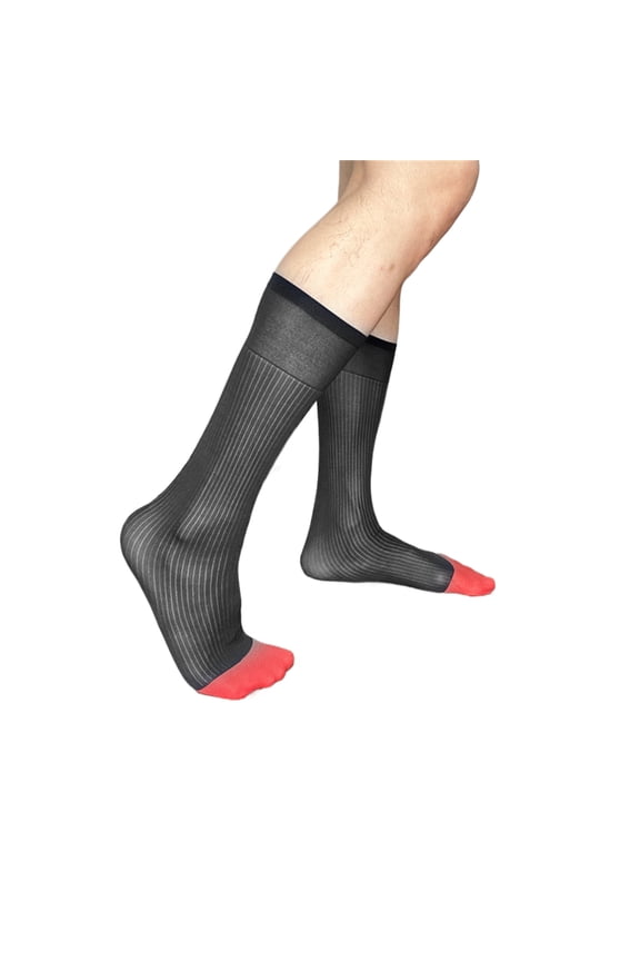 Mens Contrast Striped Sheer Dress Suit Socks High Stretch Comfortable Breathable Nylon Over the Calf Socks for Business